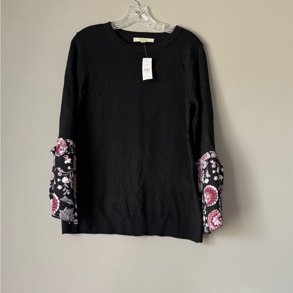 LOFT Black and Purple Bell Sleeve Blouse with Tie Front - Picture 2 of 7